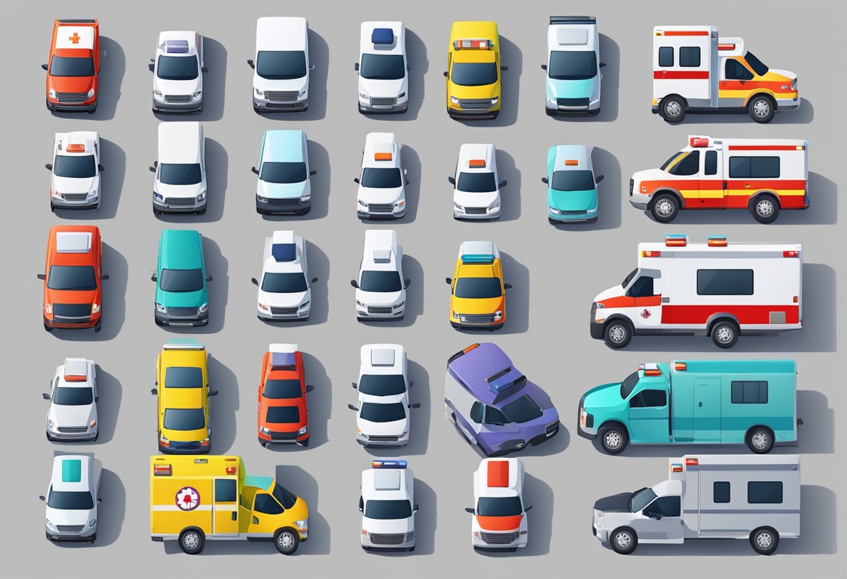 Uma frota de ambulâncias alinhadas, exibindo diferentes modelos e tamanhos. Preços exibidos em cada veículo, indicando valores variados.