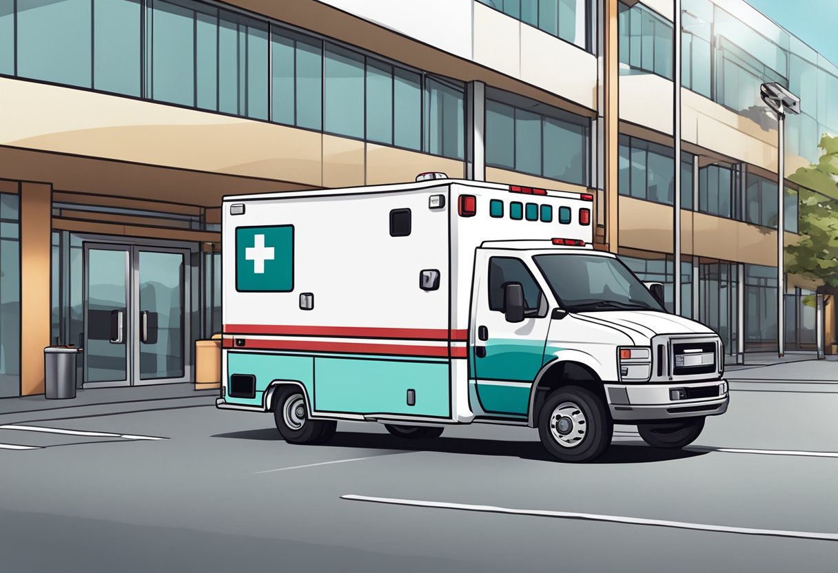 Uma ambulância com equipamento de UTI estacionada na frente de um hospital