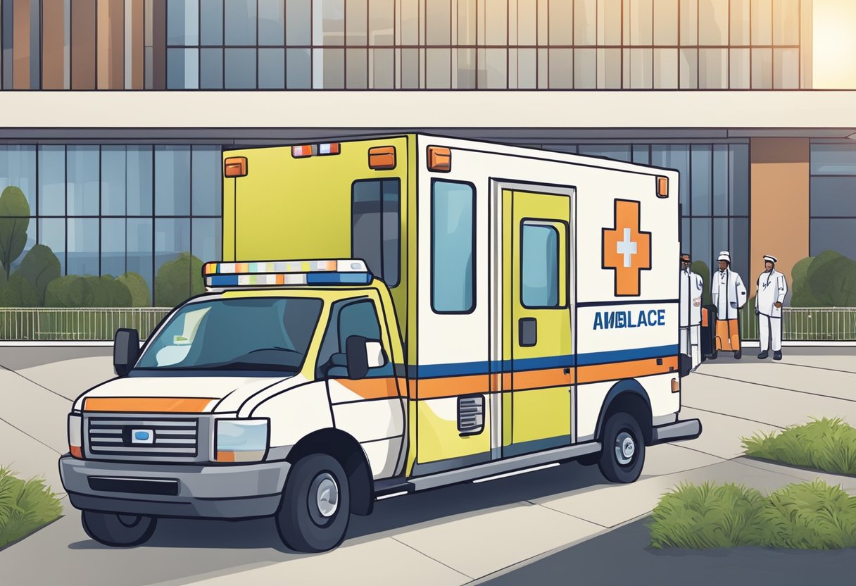 Uma ambulância estacionada em frente a um hospital com equipamentos médicos e funcionários, mostrando os diversos serviços oferecidos e o impacto no valor da ambulância.