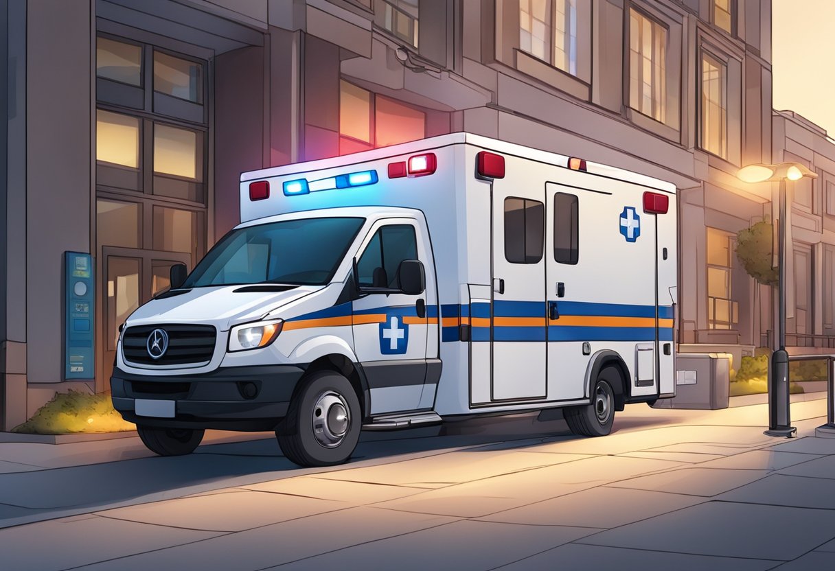 Uma ambulância estacionada do lado de fora de um prédio com suas luzes piscando, enquanto uma pessoa carrega equipamentos médicos no veículo.