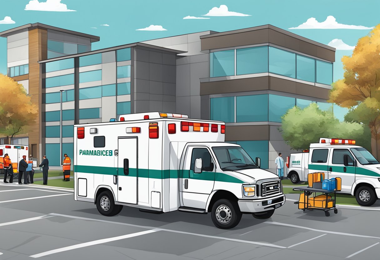 Uma ambulância estacionada do lado de fora de uma unidade médica, com paramédicos preparando o equipamento.