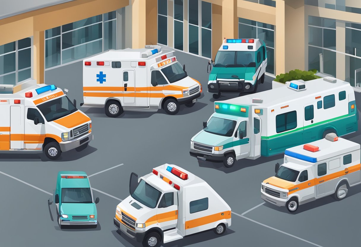 Vários tipos de ambulâncias alinhadas em uma unidade médica, incluindo veículos tradicionais e especializados. Luzes piscam e equipamentos médicos são visíveis através das janelas.