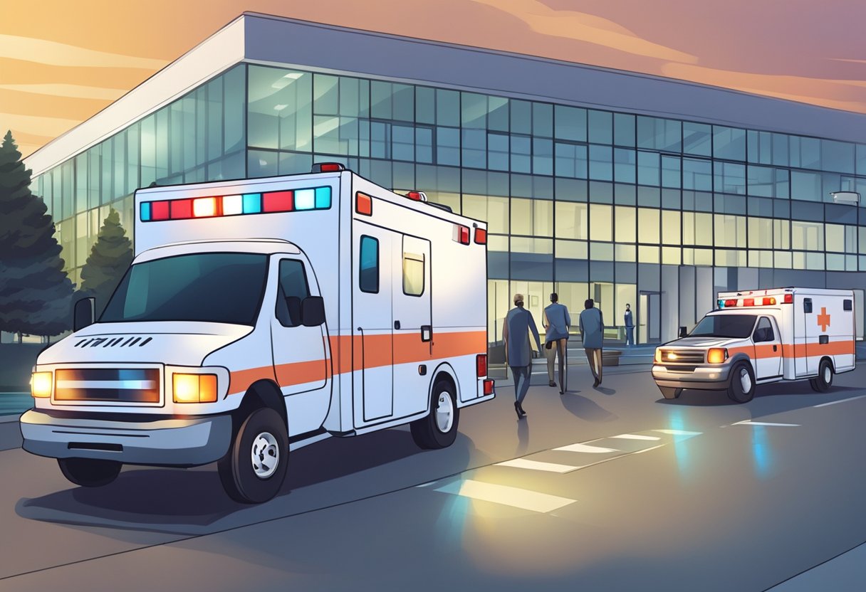 Valor ambulancia: fatores que influenciam no preço do serviço 3 Uma ambulância estacionada do lado de fora de um hospital, com suas luzes piscando e uma equipe médica correndo para atender um paciente.