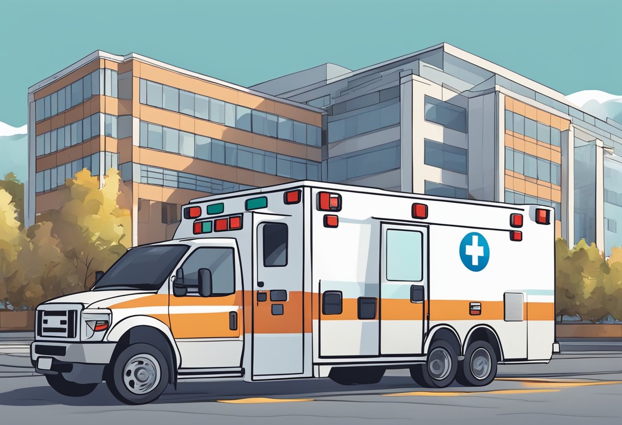 Valor ambulancia: fatores que influenciam no preço do serviço 4 Uma ambulância estacionada do lado de fora de um hospital, cercada por equipe médica e equipamentos. Uma sensação de urgência e importância no ar.