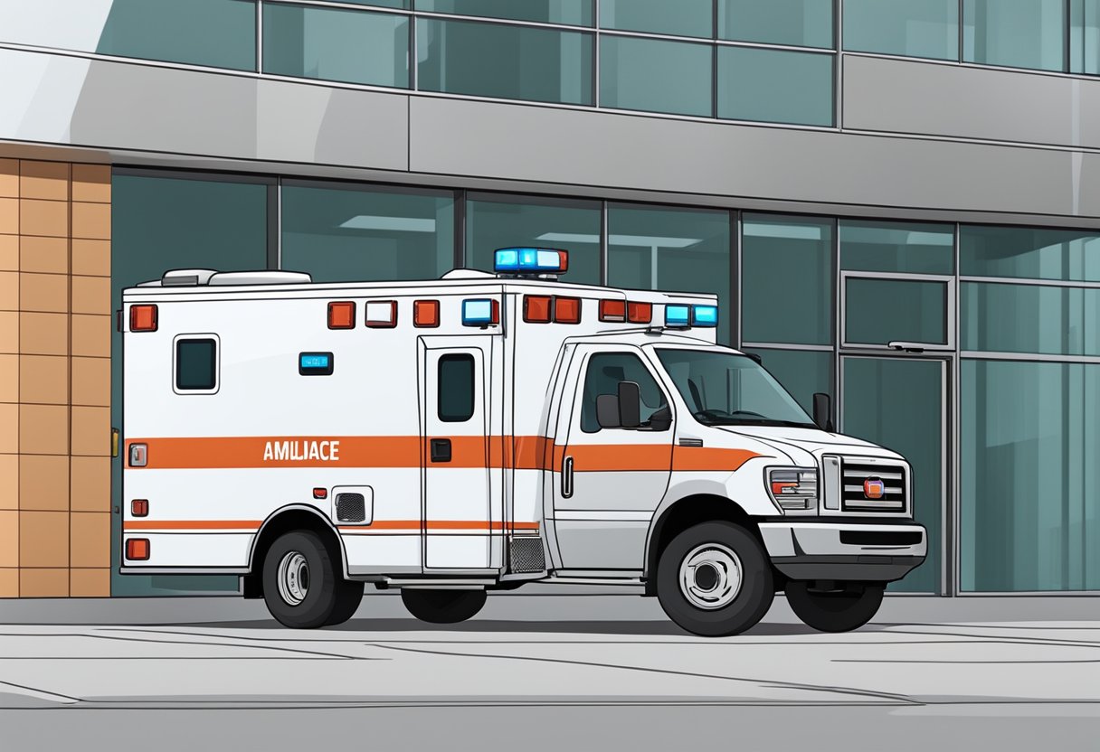 Valor ambulancia: fatores que influenciam no preço do serviço 5 Uma ambulância estacionada do lado de fora de um hospital, com as portas abertas e equipamentos médicos visíveis dentro.