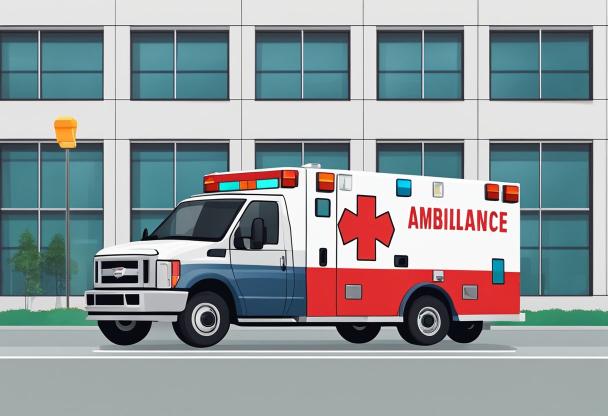 Valor ambulancia: fatores que influenciam no preço do serviço 7 Uma ambulância moderna estacionada do lado de fora de um hospital, com luzes piscando e equipamentos médicos visíveis através das janelas.