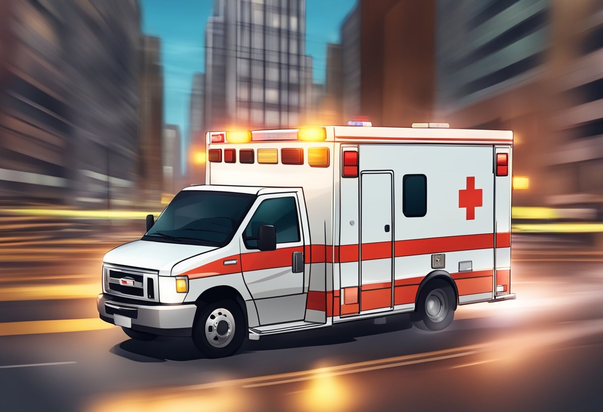 Uma ambulância acelerando pelas ruas da cidade com luzes piscando e sirenes tocando
