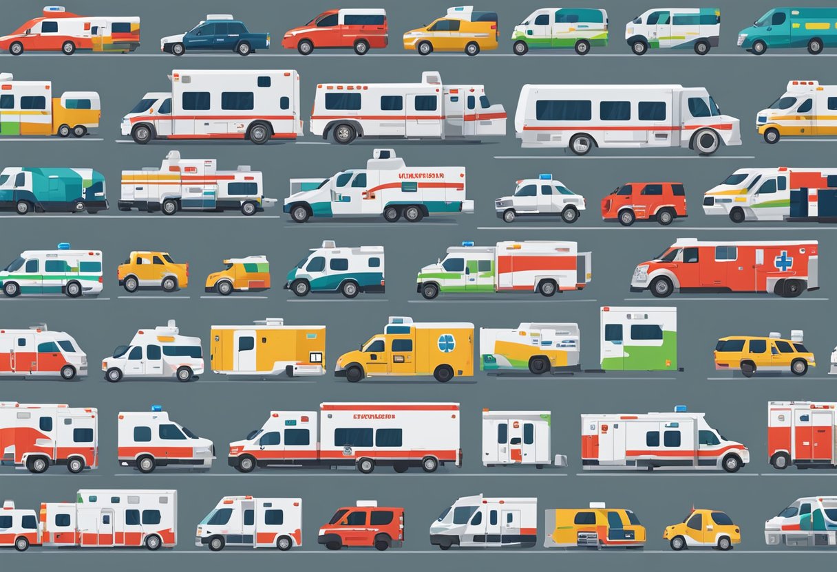 Uma frota de ambulâncias alinhadas, exibindo vários modelos e tamanhos. Os preços variam com base nas características e capacidades.