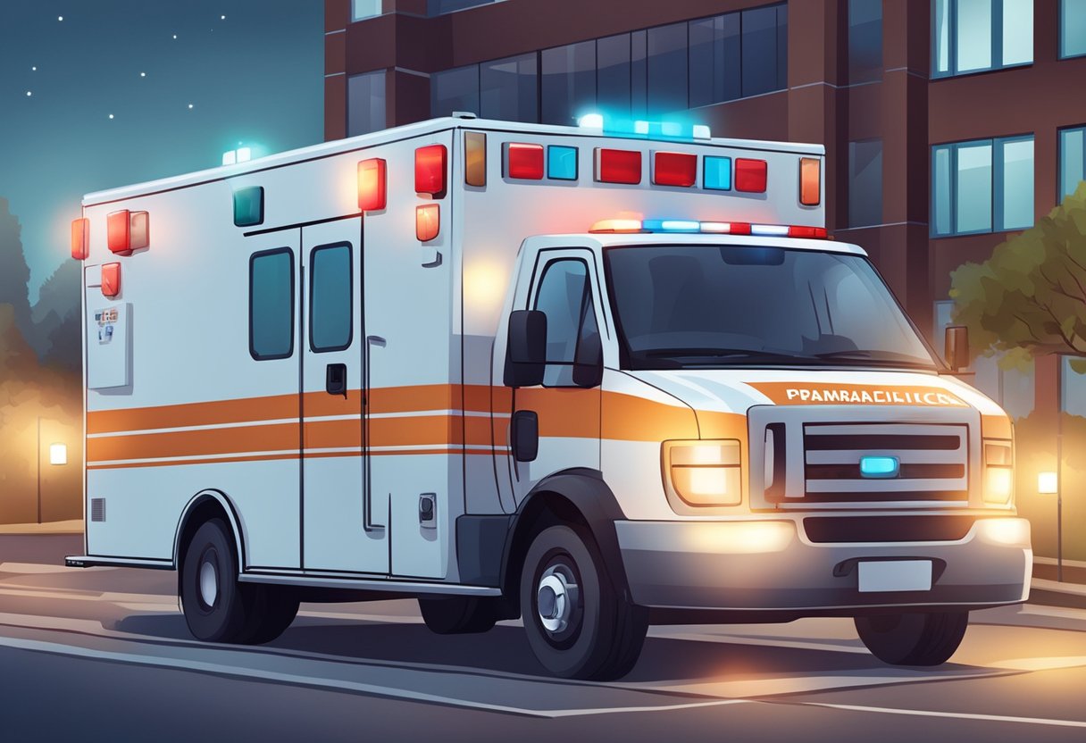 Uma ambulância estacionada do lado de fora de um hospital, com suas luzes piscando e os paramédicos carregando equipamentos médicos.