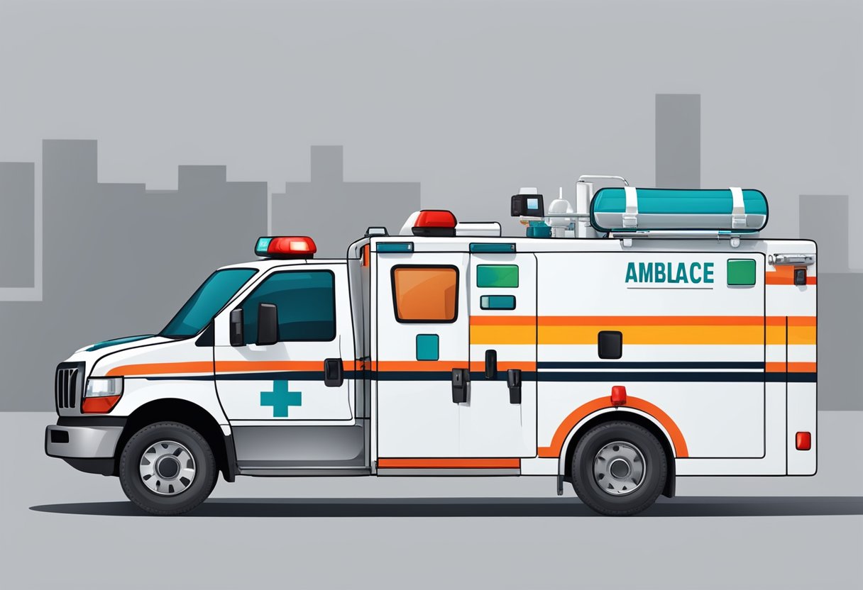 Uma ambulância com equipamentos médicos e estrutura, incluindo uma maca, cilindro de oxigênio e dispositivos de monitoramento.
