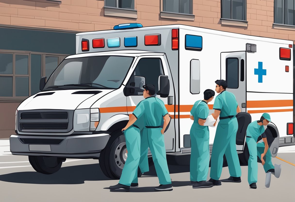 Uma equipe de profissionais de saúde cercando uma ambulância, trabalhando juntos com um senso de urgência e determinação.