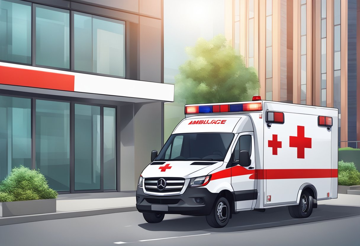Uma ambulância particular com luzes piscantes e um logo de cruz vermelha estacionou do lado de fora de um prédio moderno.