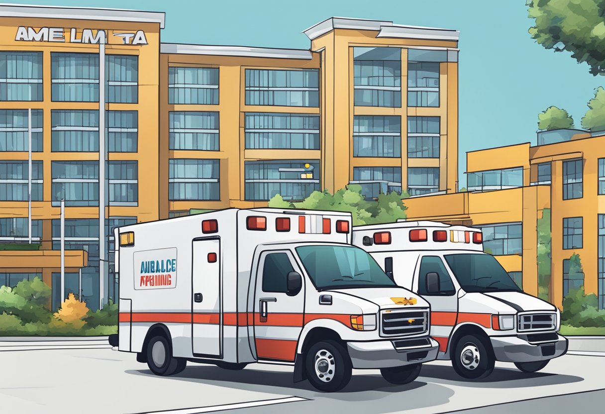 Uma ambulância estacionada em frente a um hospital com diferentes opções de preços exibidas em uma placa.