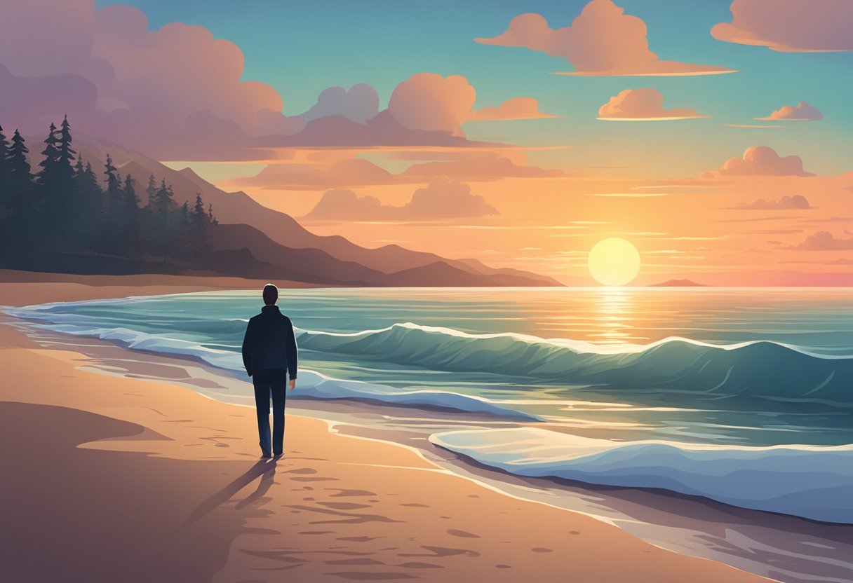 Uma praia serena ao pôr do sol, com ondas calmas e uma figura distante caminhando em direção à água, simbolizando a jornada de recuperação de uma pessoa lutando contra o abuso de substâncias.