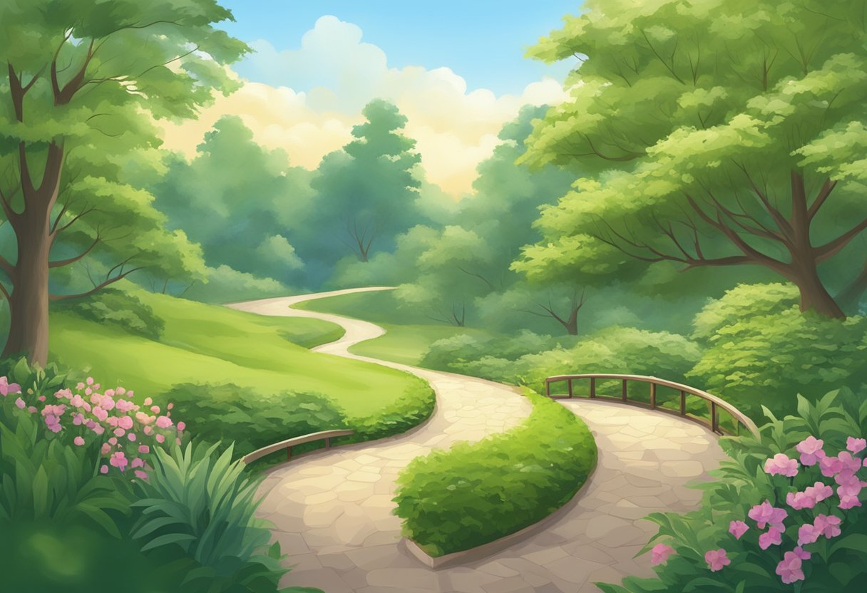 Uma paisagem serena com um caminho sinuoso levando a um centro de retiro pacífico, cercado por uma vegetação exuberante e um céu claro e calmante.