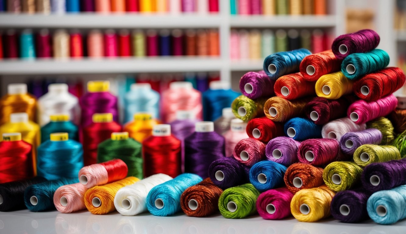 A needle with thread forms a French knot on fabric, surrounded by embroidery hoop and other sewing materials