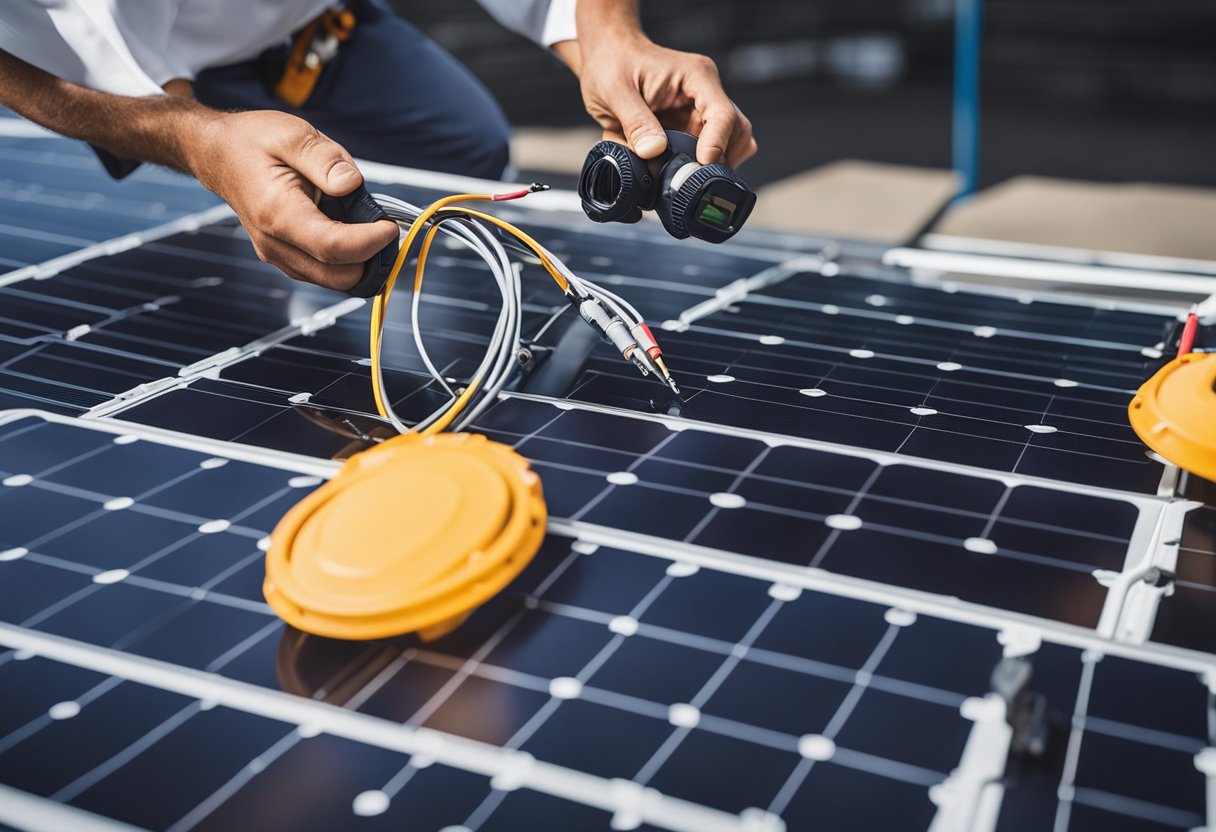 A technician carefully measuring and inspecting various types of solar cables, surrounded by solar panels and installation equipment