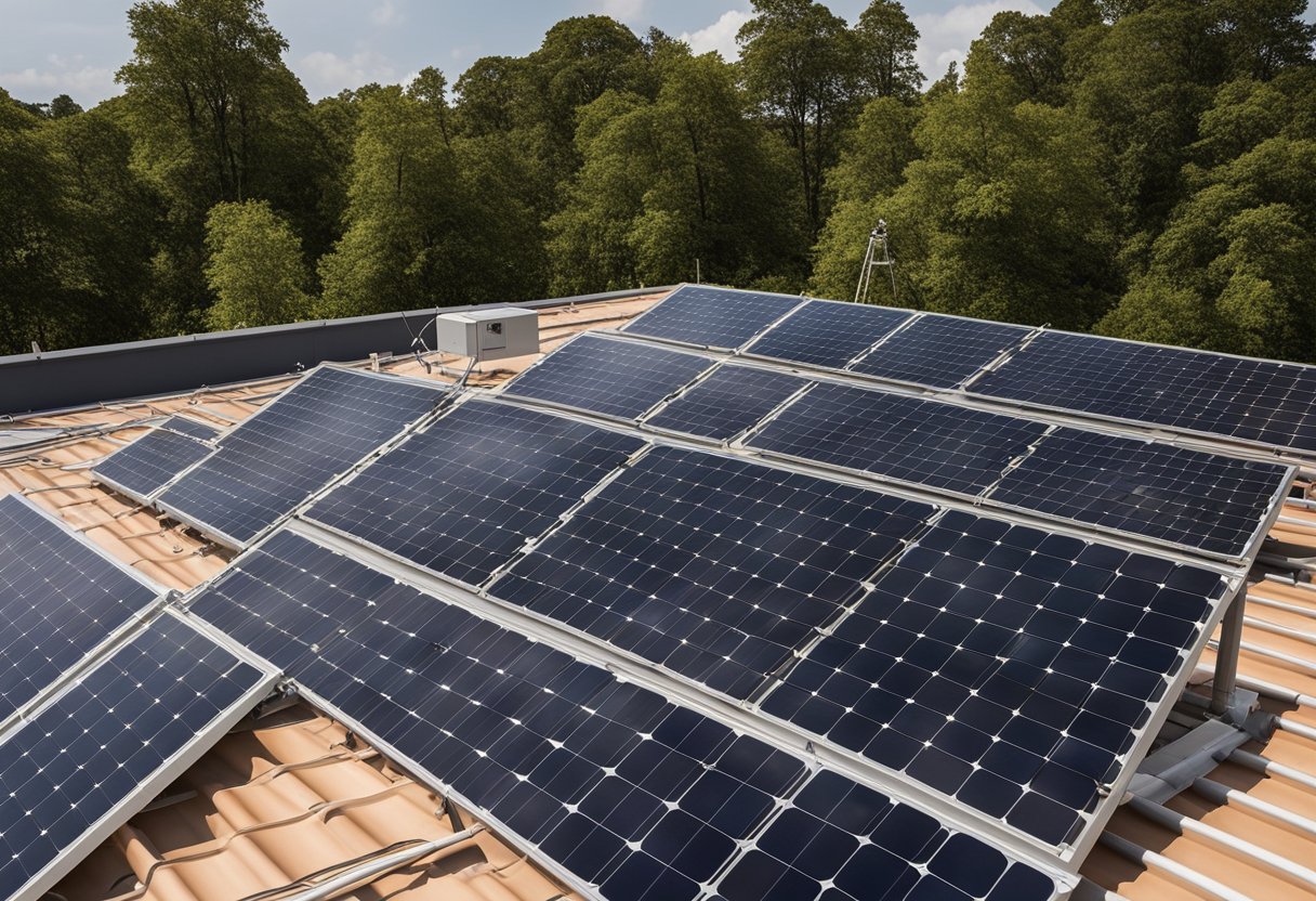 A solar panel system being installed on a rooftop, with wires securely fastened and insulated, following safety standards for a secure installation