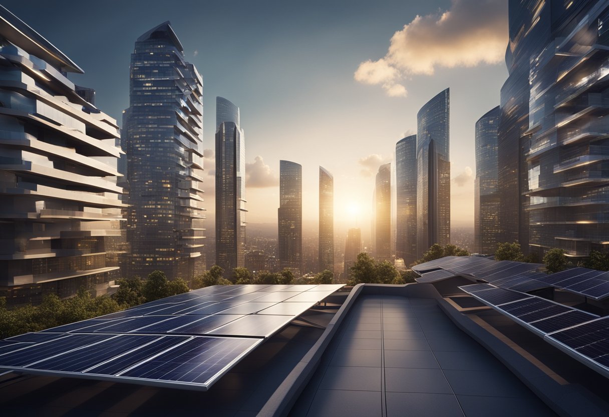 A futuristic city skyline with sleek solar panels integrated into buildings and infrastructure, glowing with renewable energy in the evening light