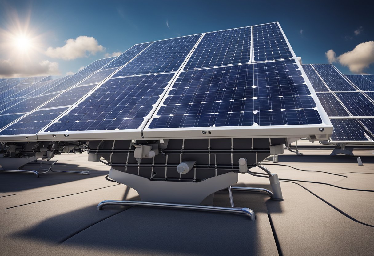 A futuristic solar panel array, with sleek, high-tech design and integrated energy storage, set against a backdrop of advanced smart grid infrastructure