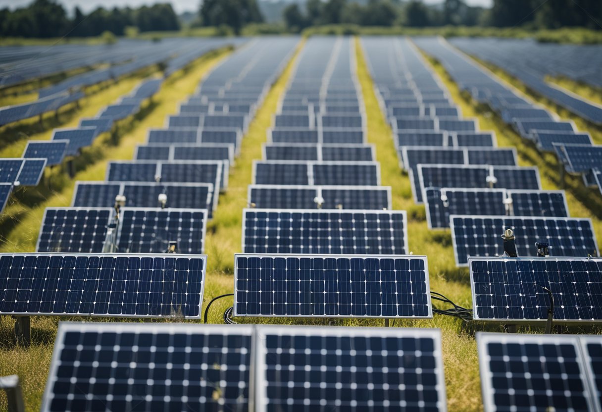 Solar panels neatly arranged with labeled cables running along the ground, secured with cable clips and organized in a systematic manner