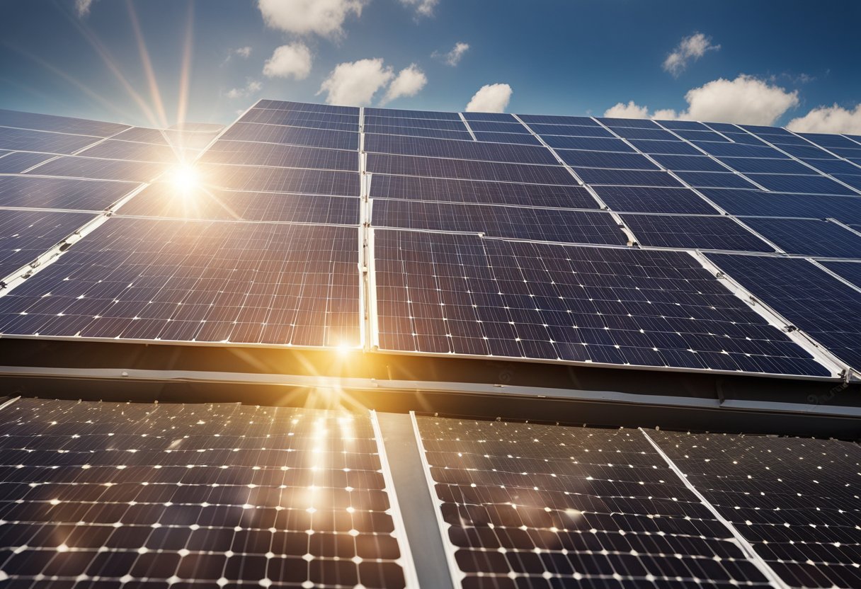A solar panel installation with various types of cables laid out for selection, with the sun shining overhead