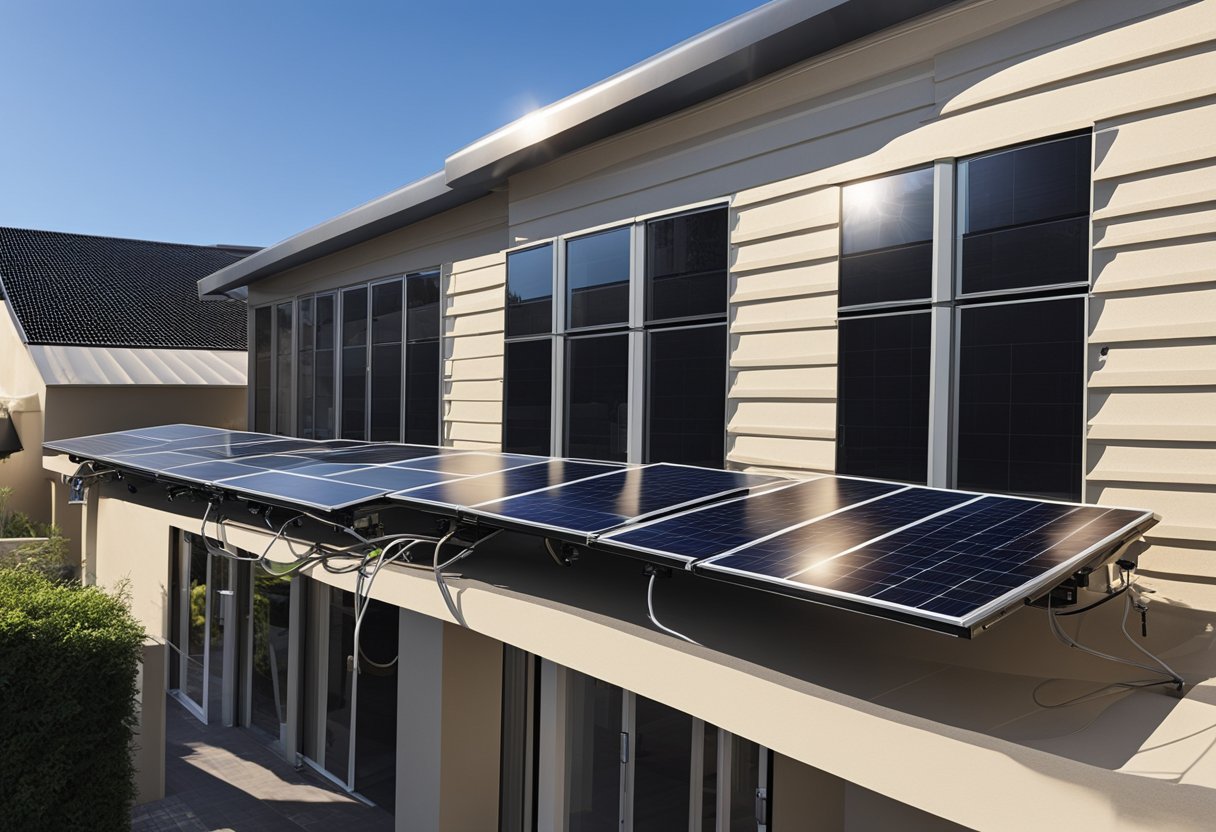 A sunny outdoor setting with solar panels, cables, and various electrical components laid out for installation