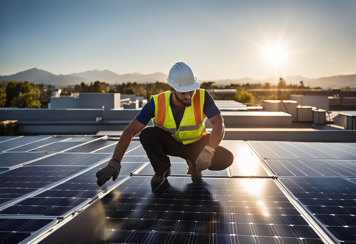 A technician installs new solar panels on a rooftop, connecting them with updated wiring to meet evolving industry standards
