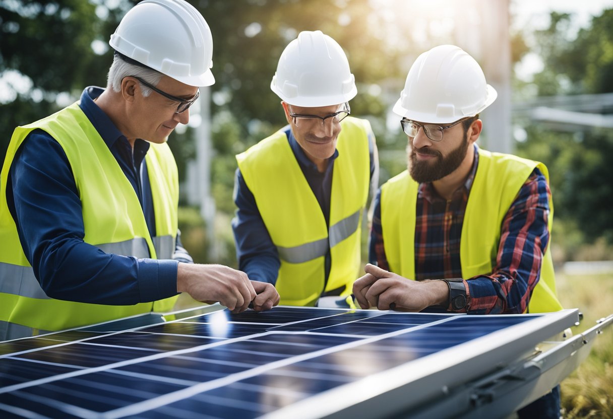 A group of engineers and technicians discussing and examining various types of solar wires and cables, while referencing updated industry standards and specifications
