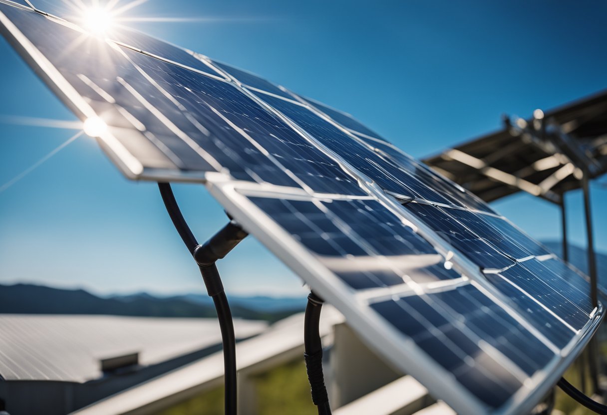 A close-up of a taut, high-quality solar wire connecting to a panel, with clear blue skies and sunlight in the background