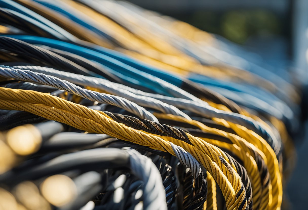 A variety of solar cables arranged in a row, with labels indicating different types and sizes. Sunlight streams in through a nearby window, casting a warm glow on the cables