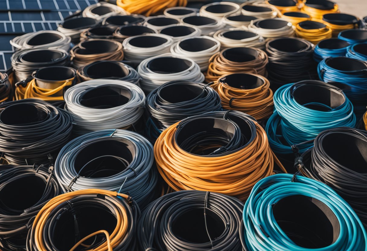 A variety of solar cables arranged neatly with different colors and sizes, surrounded by solar panels and other related equipment