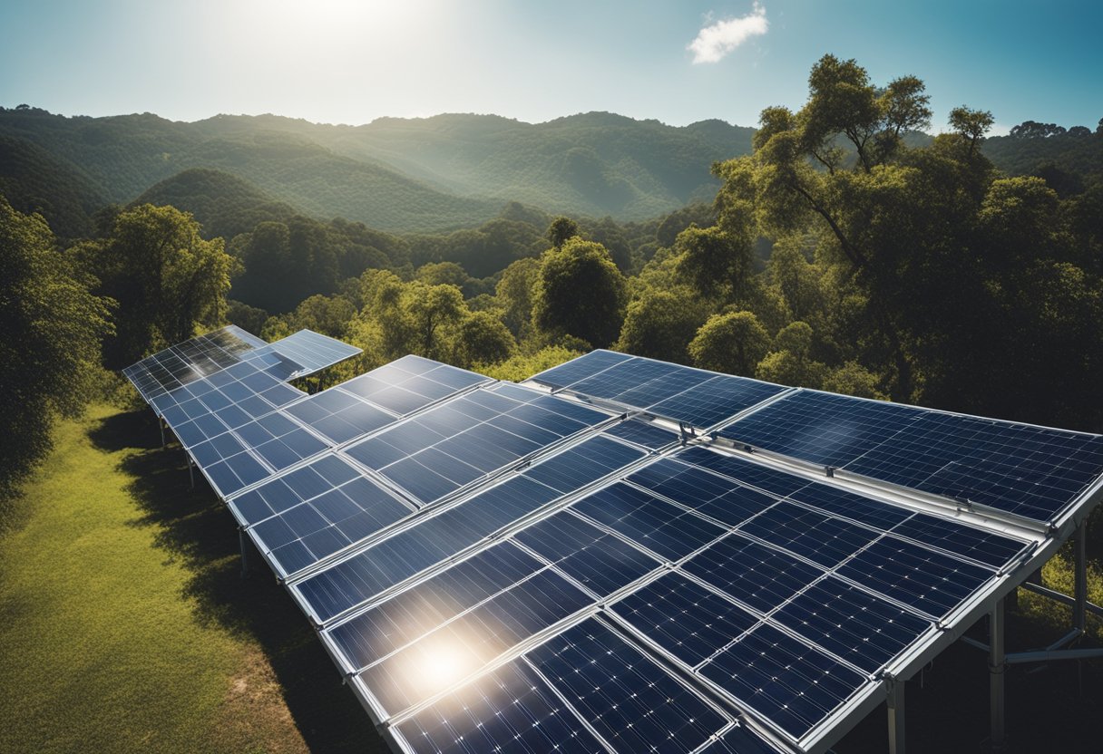 A sunny outdoor setting with solar panels connected by UV-resistant cables, surrounded by greenery and clear skies