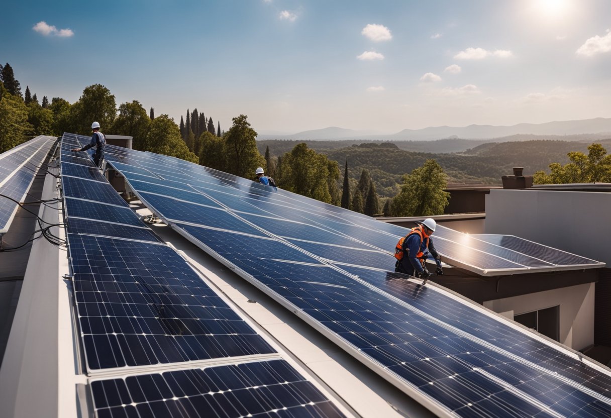 A rooftop solar panel installation with a spool of premium solar wire being used by workers