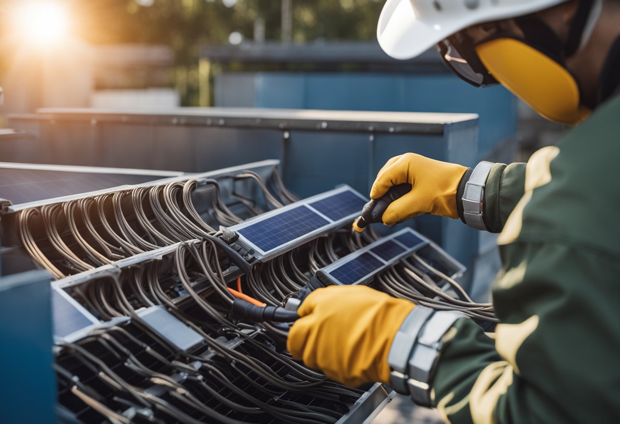 A technician connects the wrong type of cable to a solar panel, causing a spark and potential fire hazard