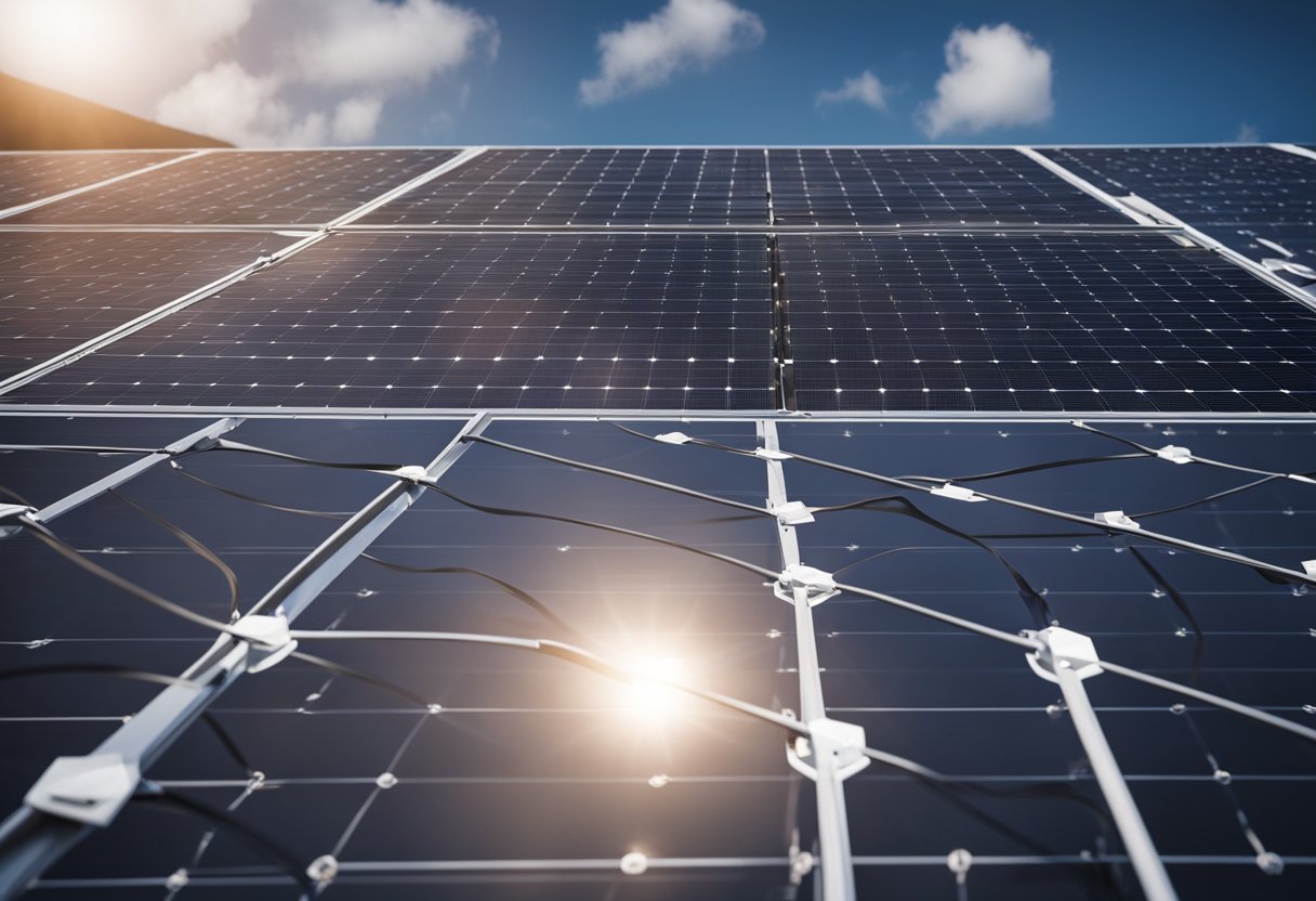 A futuristic solar panel installation with advanced cable technology weaving through the array, connecting each panel to a central hub