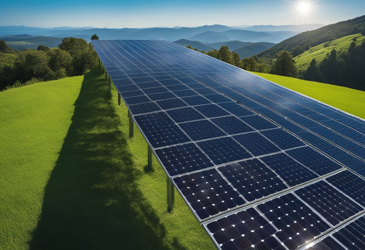 A solar panel array with advanced, sleek, and efficient solar cables connecting each panel, set against a backdrop of a clear blue sky and lush green landscape