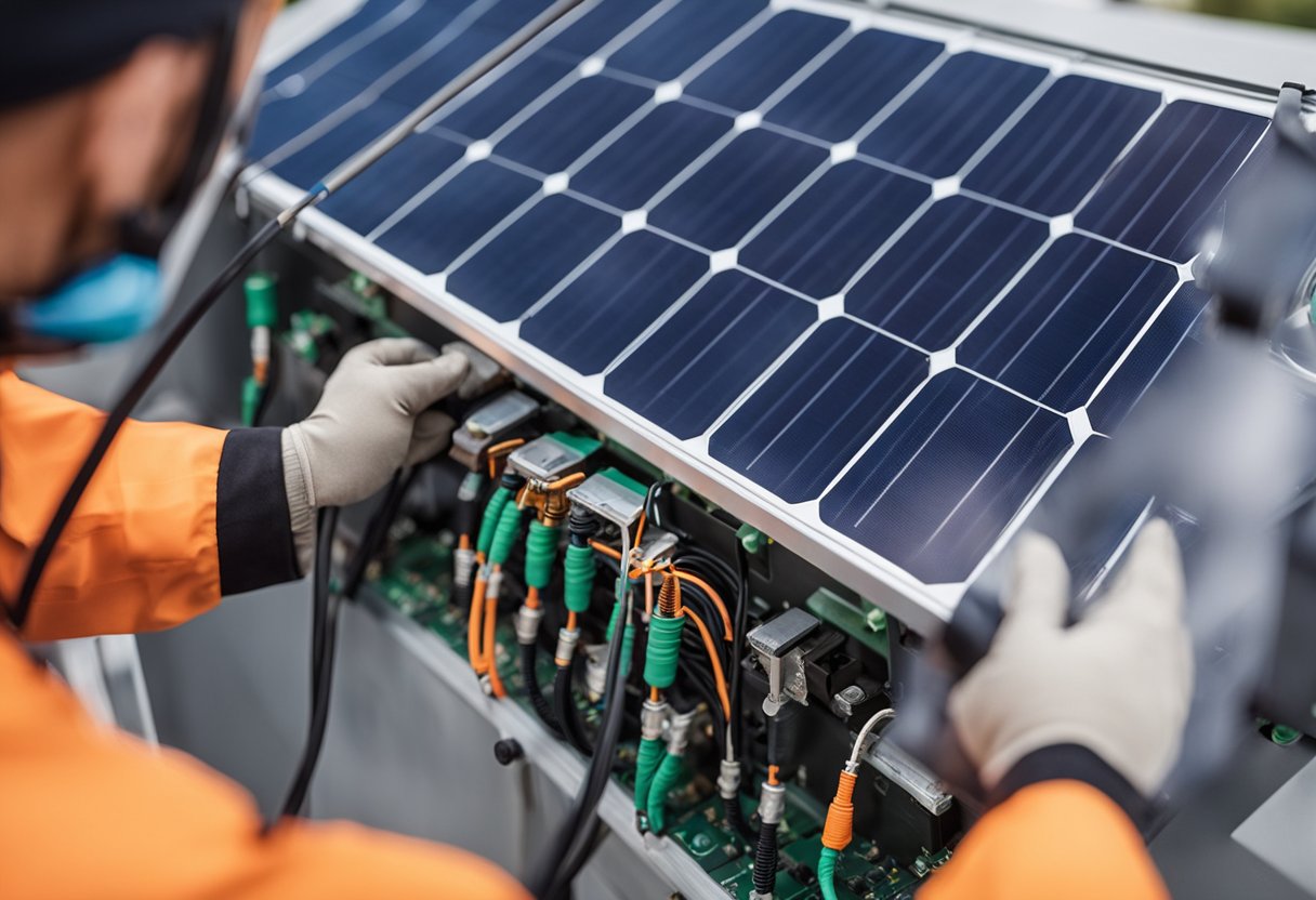 A solar panel installation with new wires and cables being connected to the existing system, with a technician carefully securing the connections
