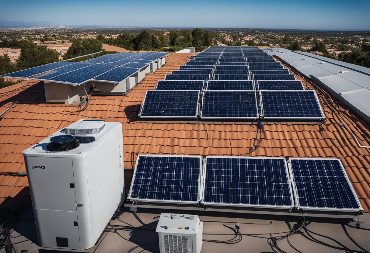 A sunny rooftop with solar panels connected by sturdy, weather-resistant wires and cables, leading to an inverter and battery storage system