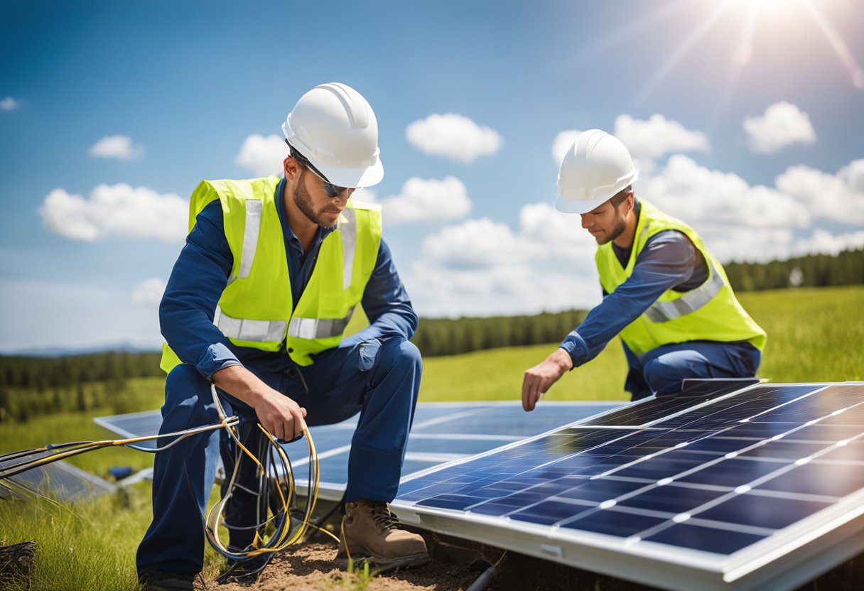 A solar panel installation site with workers connecting compliant solar wire to industry-standard equipment