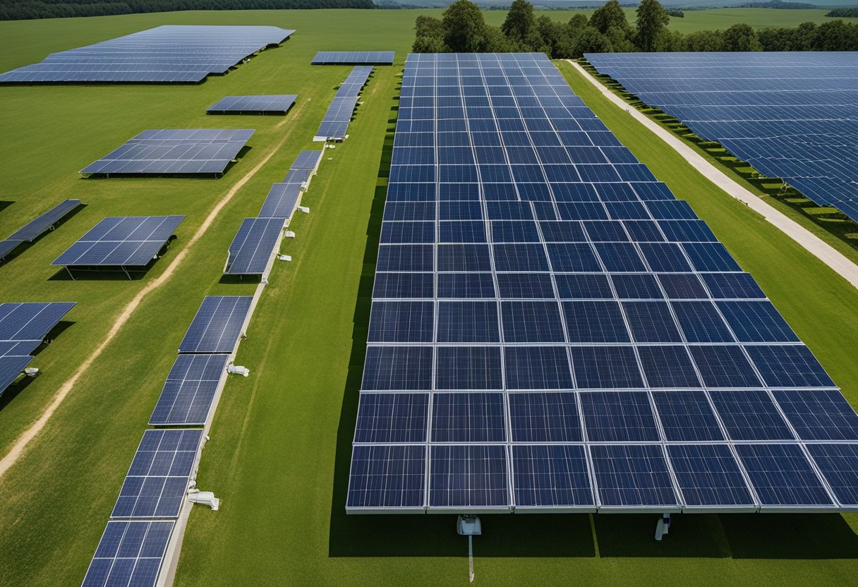 A solar panel array with various cables laid out neatly, connecting to an inverter and battery storage system, set against a backdrop of clear blue skies and green landscape