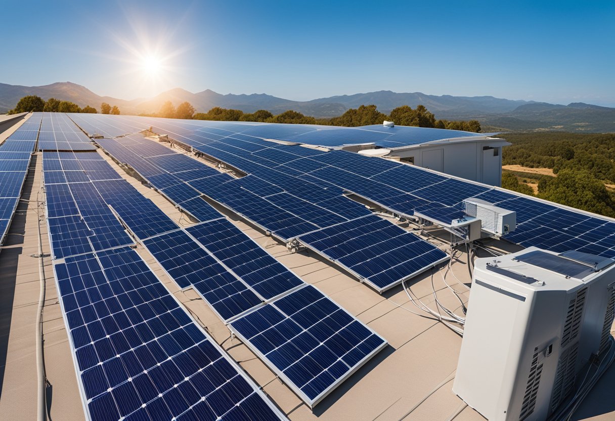 A solar panel array with cables connecting each panel to a central inverter, set against a backdrop of clear blue sky and bright sunlight
