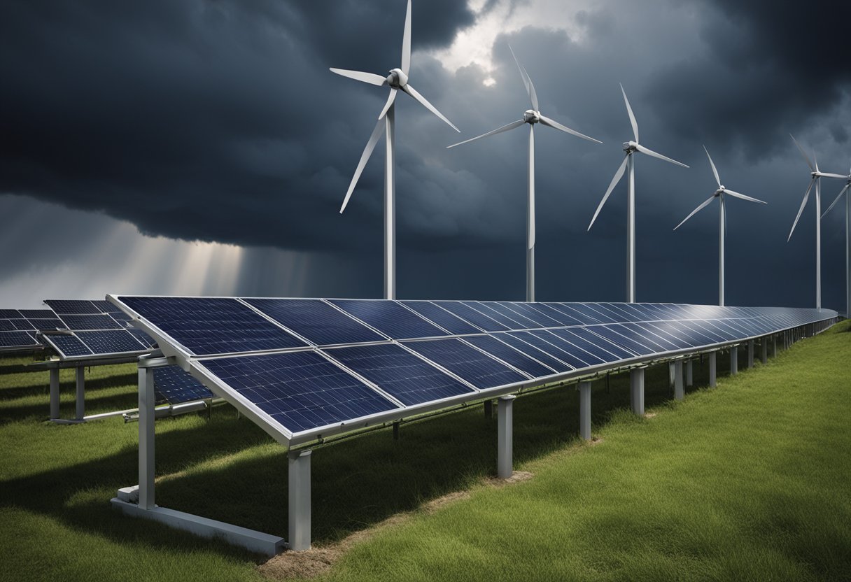 A solar panel surrounded by dark storm clouds, with a series of obstacles (represented as hurdles or barriers) in front of it, symbolizing the challenges facing the solar industry