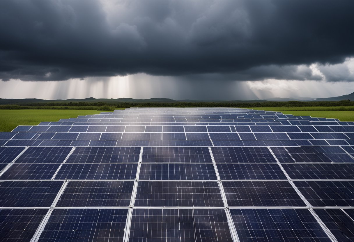 A solar panel surrounded by dark storm clouds, with obstacles such as policy barriers, high costs, and technological limitations looming in the background