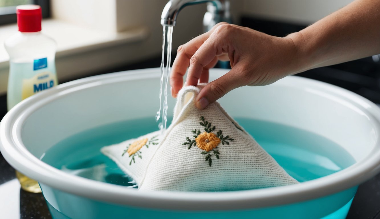 A hand reaching into a basin of water, gently agitating an embroidered item. A bottle of mild detergent sits nearby
