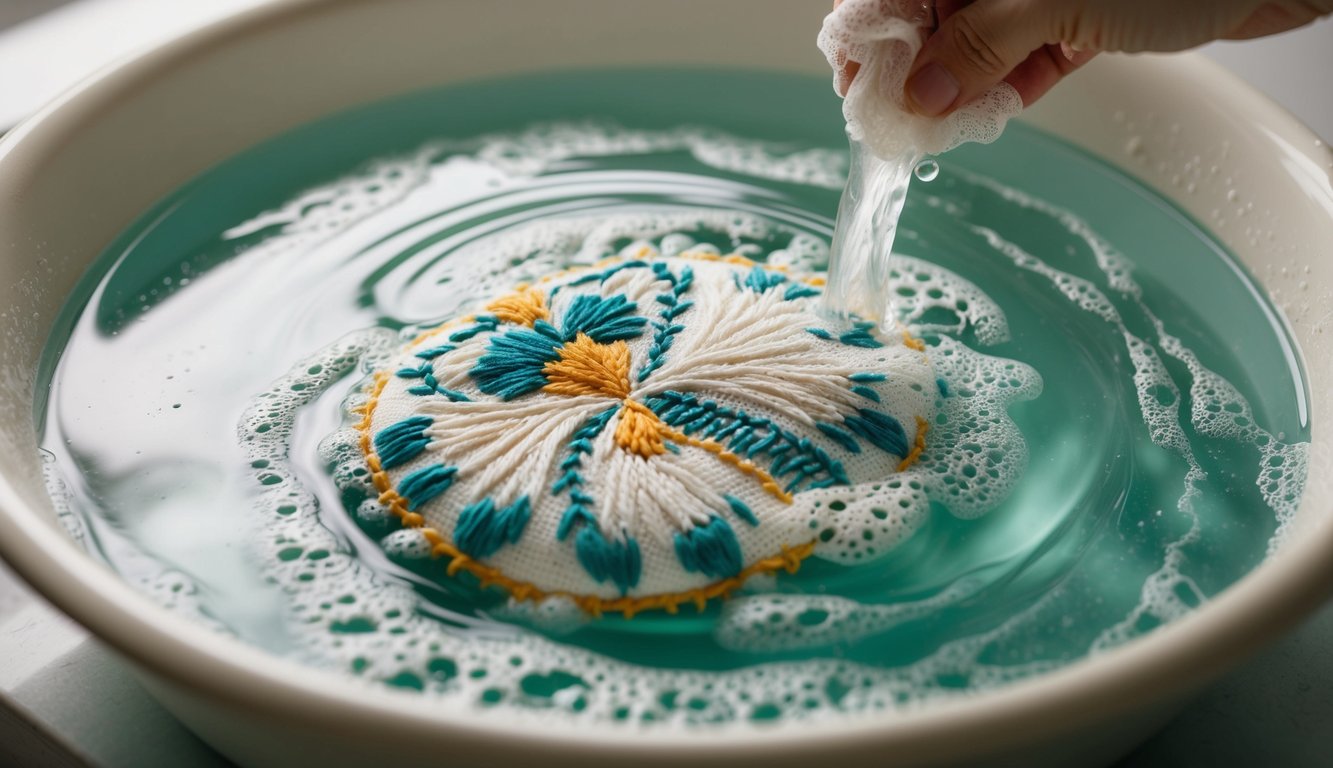 A delicate embroidered piece being gently washed in a basin of soapy water, with the water swirling around the intricate stitches