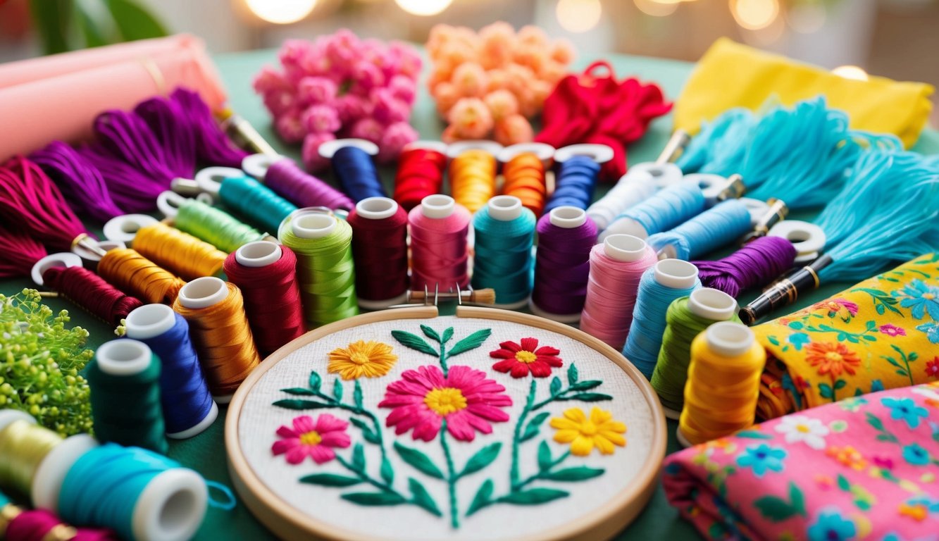A table with a colorful array of flower embroidery kits, including various threads, needles, and fabric with floral patterns