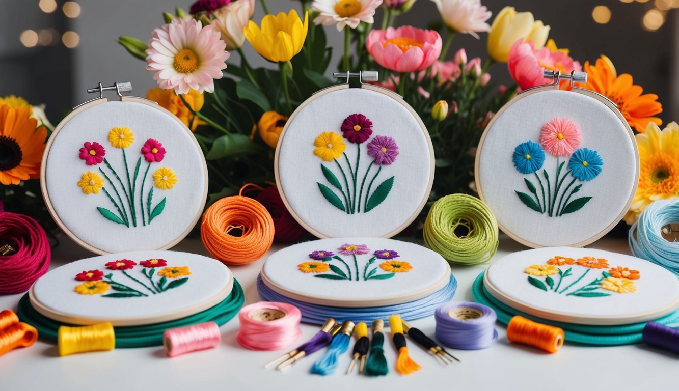 A table with various flower embroidery kits, each containing different colored threads, needles, and fabric, surrounded by a selection of real flowers for inspiration