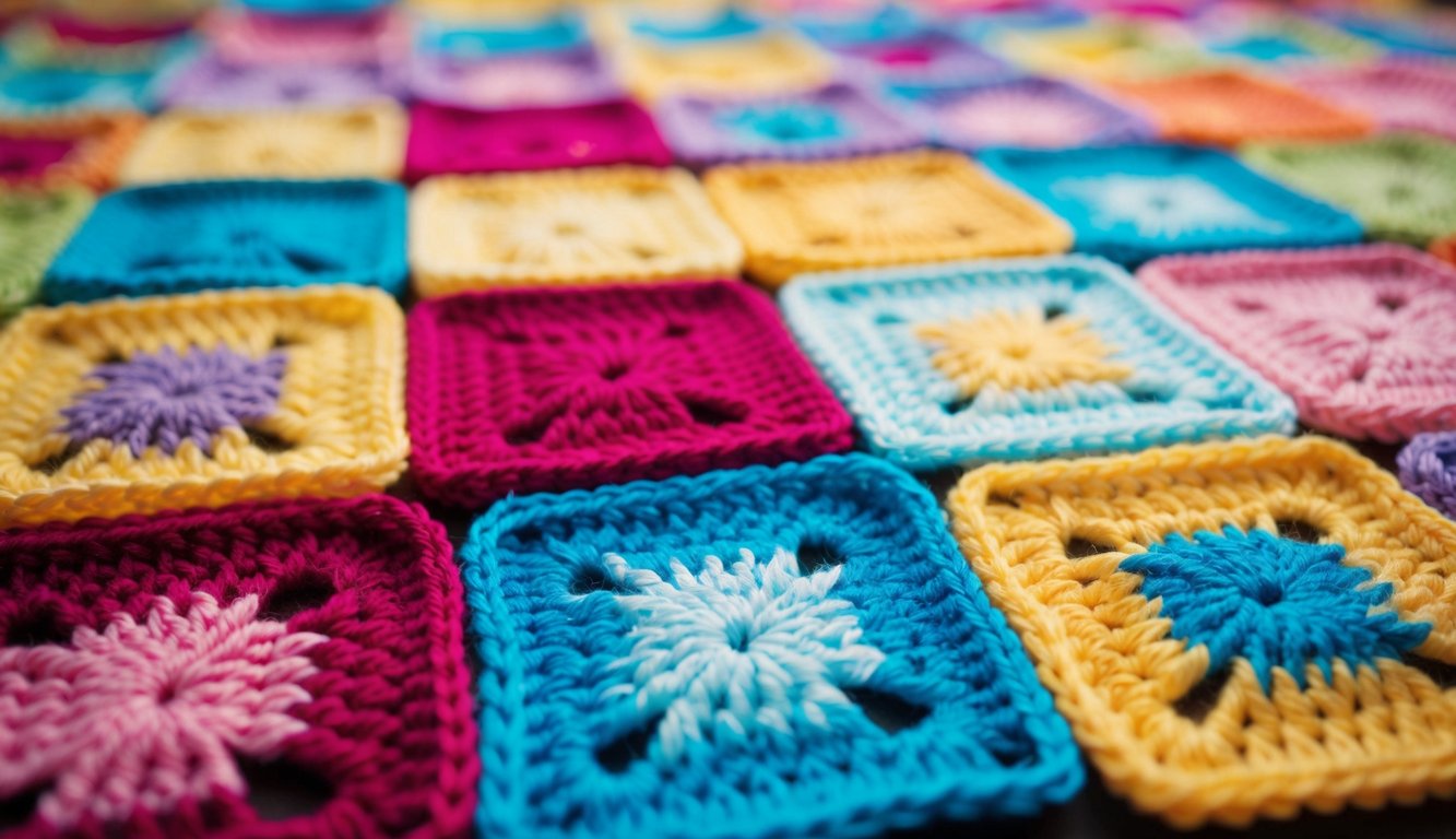 Several crochet squares arranged in a grid pattern, with a needle and yarn joining them together