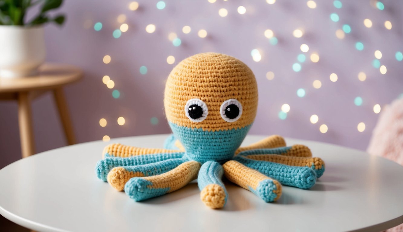 A table with yarn, crochet hooks, and safety eyes for creating crocheted eyes